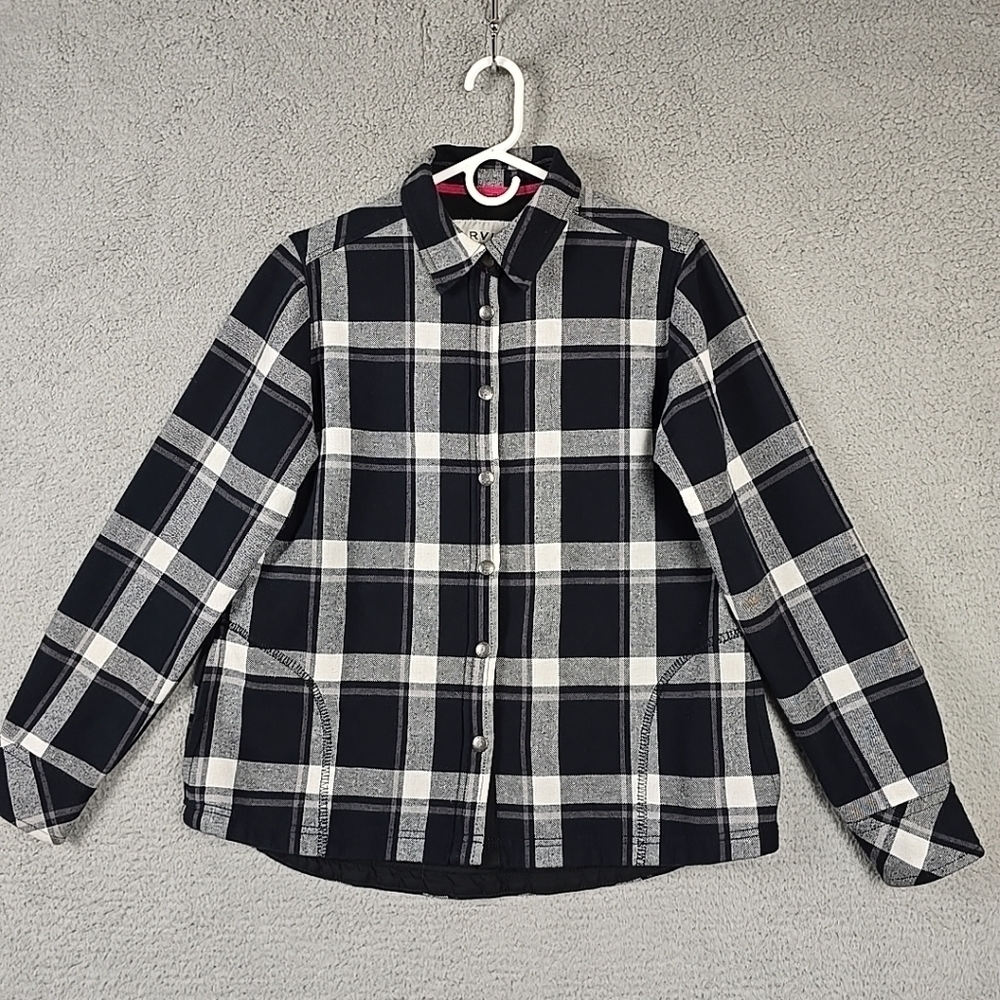 Orvis Jacket Womens Sz M Black Buffalo Plaid Shacket Flannel Fleece Lined Shirt